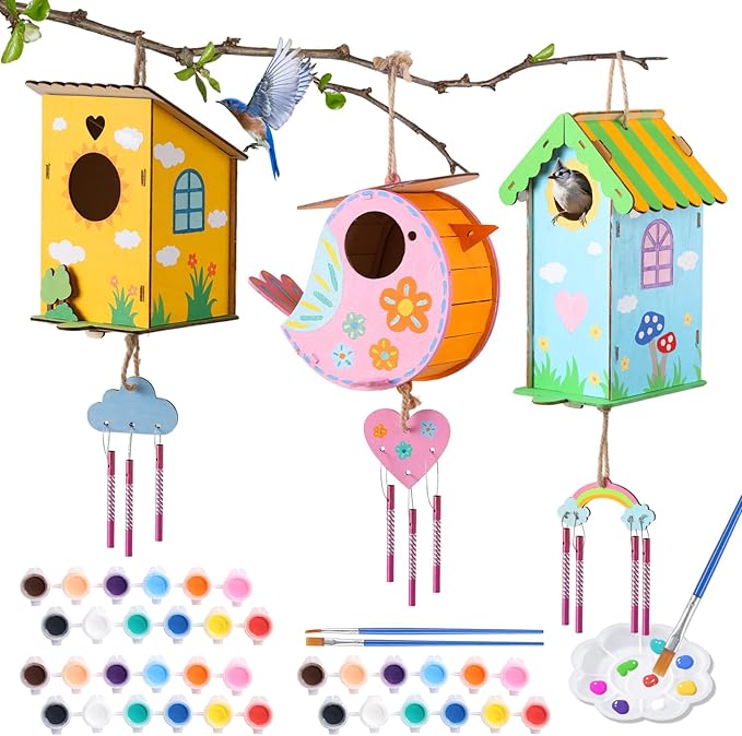 3 Pack Bird Houses Kits for Kids, Wooden Painting Arts and Crafts for Kids Ages 8-12, Build & Paint Your Own Bird Houses and Wind Chime Kits, Toddlers for Girls Boys