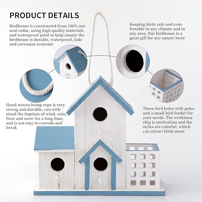 Birdhouse Premium Bluebird Houses for Outside Attract Beautiful Birds to Your Garden and Yard Durable Outdoor Birdhouses 3 Hole Bird Houses for Outside Hanging