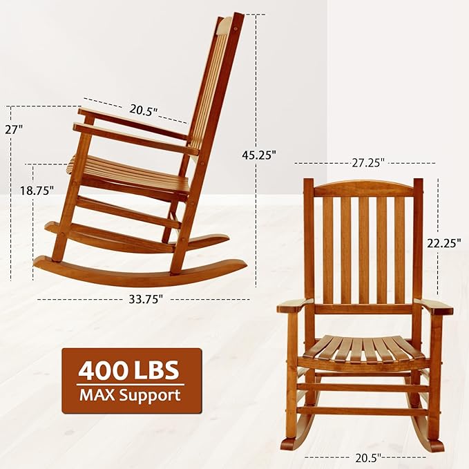 Wooden Oversized Porch Rocker Chair with High Back and Armrest, All Weather Slatted Rocker for Backyard, Garden, 400 lbs Support, Natural