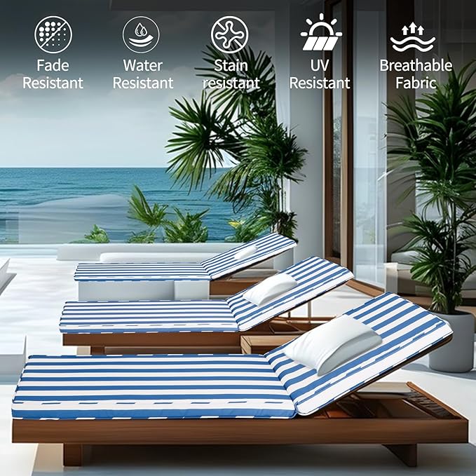 Outdoor Chaise Lounge Cushions for Patio, 71"x22"x3" Lounge Chair Cushions, Waterproof Replacement Seat Pads for Outdoor Furniture (Sky Blue+White Stripes, 1 Pcs)