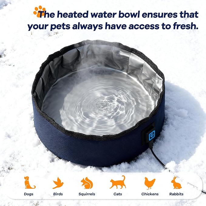 Heated Water Bowl for Dogs Winter Outdoor - 3L Foldable Travel Pet Bowl Keeps Water Unfrozen for Dogs Cats Chickens, USB Adjustable 113-149°F, Leakproof Portable Anti-Chew