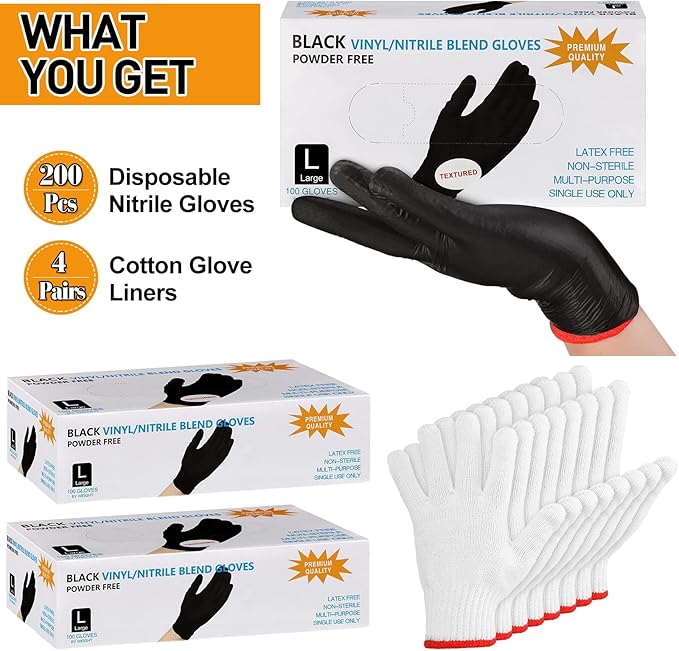 Janmercy 200 Pcs Disposable BBQ Nitrile Gloves with 4 Pairs Cotton Liners Grilling Cooking Cleaning Gloves for Smoker Meat(Large,Black, White)