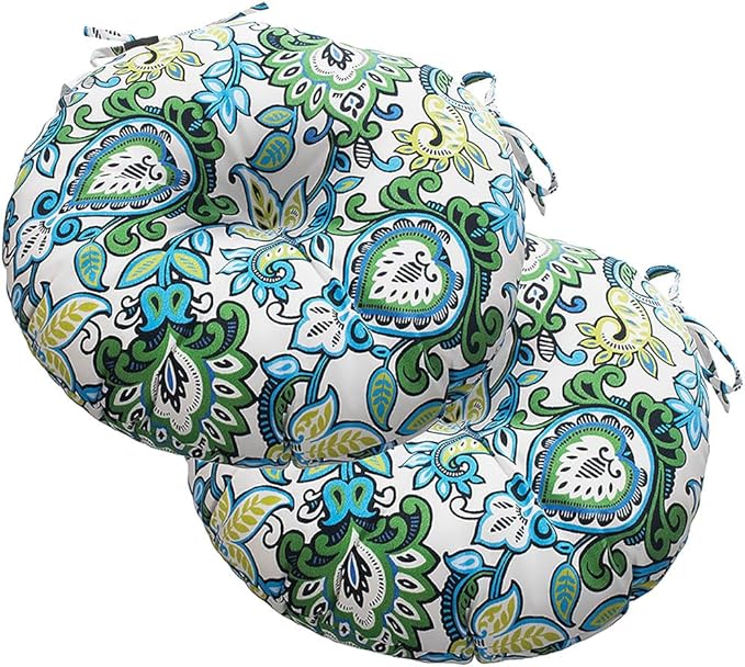 Magpie Fabrics Outdoor Round Bistro Seat Cushions with Ties, 15"x15"x4" Set of 2, Tufted Waterproof Barstool Chair Pads for Patio Home Garden Office, Floral Blue Green
