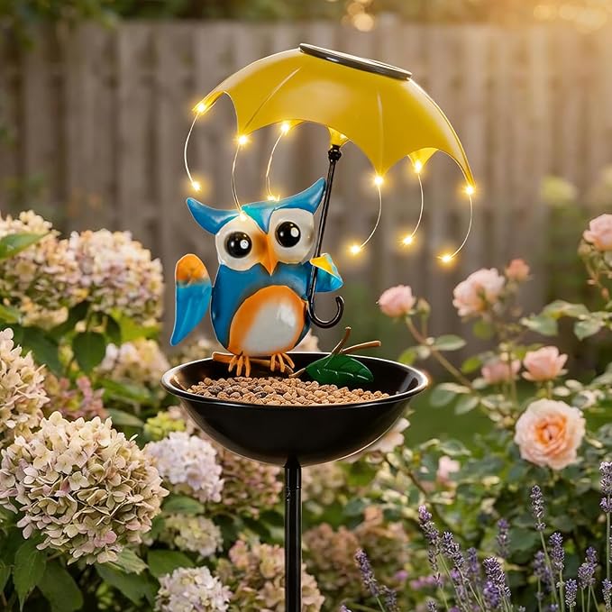 Solar Bird Feeders for Outdoors, Owl Garden Decor with LED Lights - Decorative Wildbird Cardinals Hummingbirds Feeders, Spring-Ready Yard Path Lawn Omaments, Garden Gifts for Women Mom