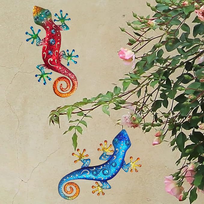 Metal Lizard Outdoor Decor Metal Gecko Wall Art Hanging Garden Fence Yard Patio Set of 2