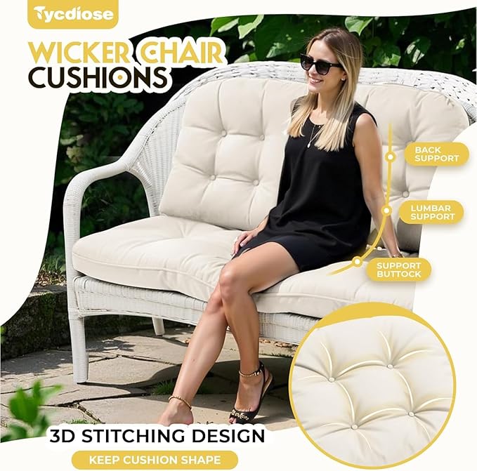 All Weather Outdoor Wicker Chair Cushions of 3 Pieces, Waterproof Outdoor Wicker Chair Cushion for Patio Furniture Loveseat Settee Bench, 1 Loveseat and 2 U-Shaped Thickened Cushions, Cream