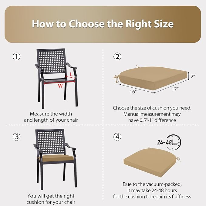Outdoor Chair Cushions Set of 4, 17 x 16 Inch Patio Furniture Cushions, Water Resistant, Non-Slip Ties (Khaki)