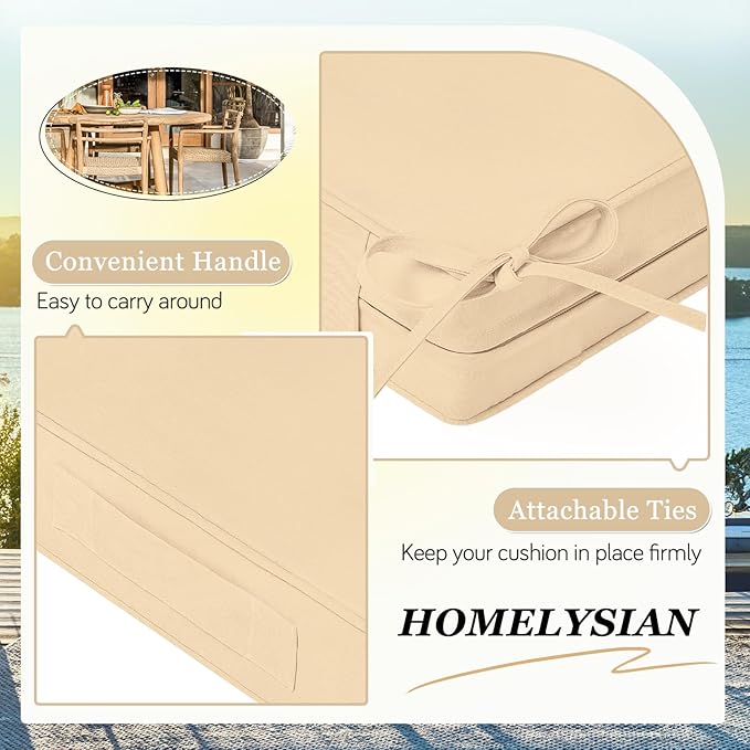 Waterproof Outdoor Chair Cushions Set of 2, Square Outdoor Seat Cushions with Ties and Removable Covers, 19 x 19 Outdoor Cushions for Patio Furniture with Portable Handle(Beige)