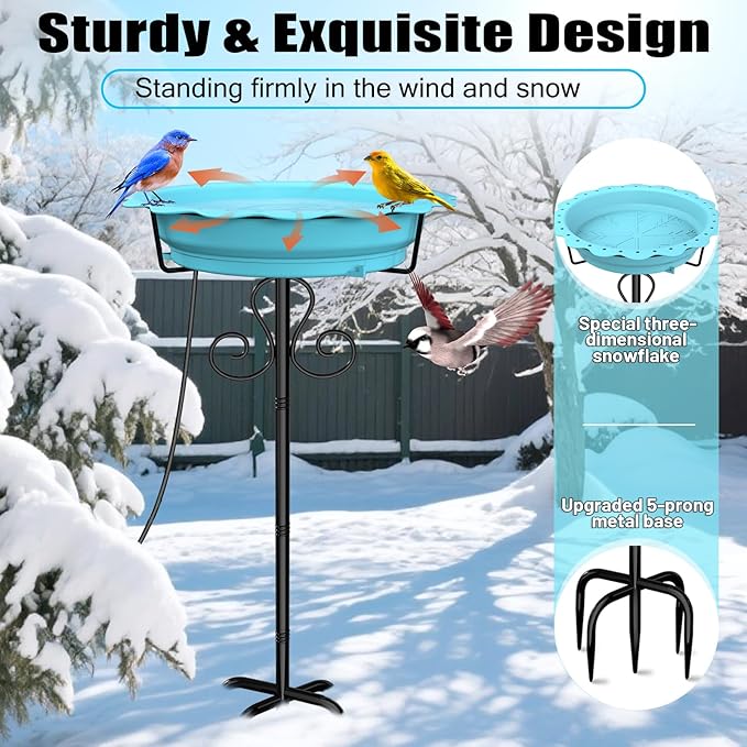 Heated Bird Baths for Outdoors, 100W Heated Birdbath Bowl for Outdoors for Winter with 5-Prong Metal Base Thermostat Control, Heated Bird Bath for Outside Winter Garden Patio Yard Lawn (Blue)