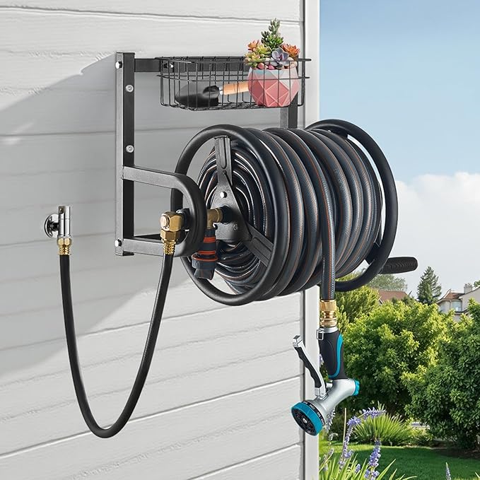VEVOR Wall Mounted Garden Hose Reel, Holds 125 ft 5/8-inch Hose, Heavy-Duty Water Hose Winder, Space-Saving Design, Outdoor Manual Reel with Brass Fitting and Storage Basket for Yard Lawn