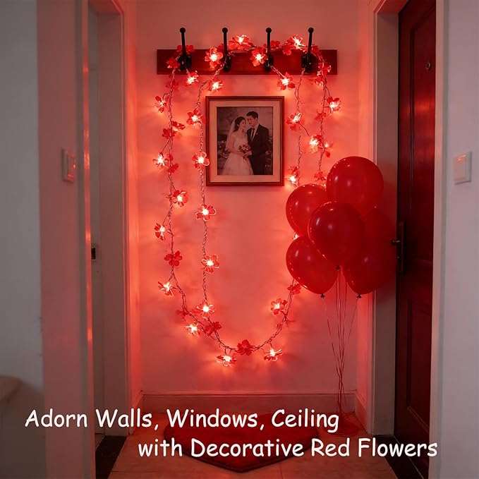 100 LED Red Cherry Blossom Flowrer String Lights, 33 FT Plug in Fairy Floral Lamp with 8 Modes, Flexible Clear Wire for Bedroom Balcony Patio, Valentine's Day Christmas Indoor Outdoor Decorations