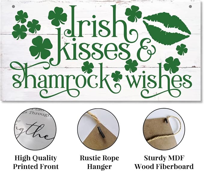 Funny St. Patrick's Day Wood Art, Irish Kisses & Shamrock Wishes Printed Wall Art, Home Sign, Hanging Door Decor