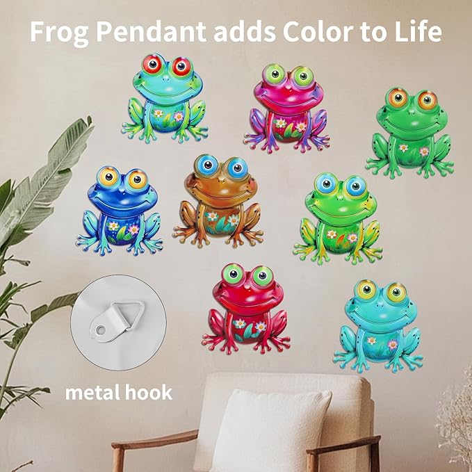 Junware Metal Frog Wall Decor, 8 Pcs Frogs Wall Art Sculptures Hanging Sculpture Decoration, Outdoor Fence Arts for Home Garden, Fence, Patio, Yard, Bedroom Outside Gifts for Adults