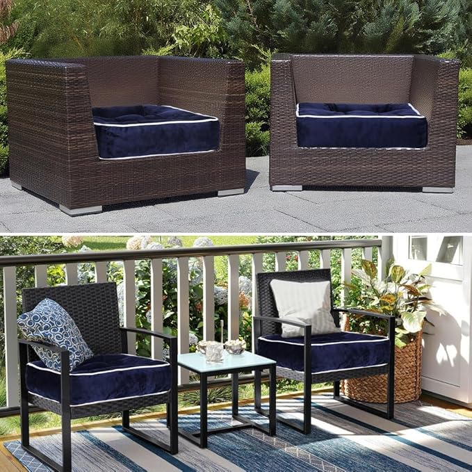 ERWUDEling Outdoor Chair Cushions Set of 2, Tufted Outdoor Chair Cushions - Waterproof & Fade-Resistant with Secure Ties 17x17x5inch,Blue