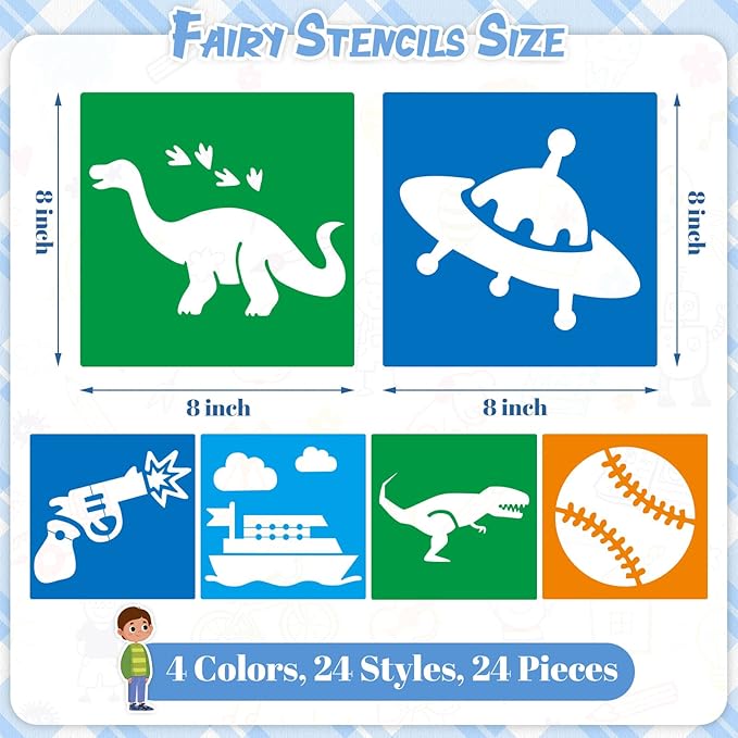 Epakh 24 Pieces Stencils for Kids 8 Inches Drawing Stencils Chalk Template Large Washable Geometric and Garden Themed Primary Shape Template for Kids Toddlers Preschooler(Boy Style)