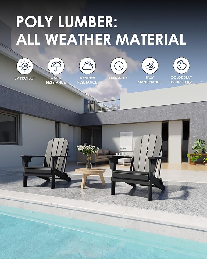 Folding Adirondack Chair Set of 6, All-Weather Resistant HDPE Patio Firepit Seats, Sturdy Outside Seating With Cup Holder, 80% Pre-Installed, Load Capacity 385lb, Black