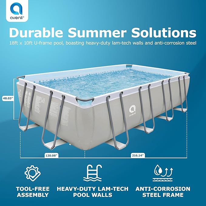 JLeisure Avenli 18 by 10 by 4 Feet Outdoor Backyard Above Ground Rectangular Steel Frame Swimming Pool for Adults and Kids with Repair Kit, Gray