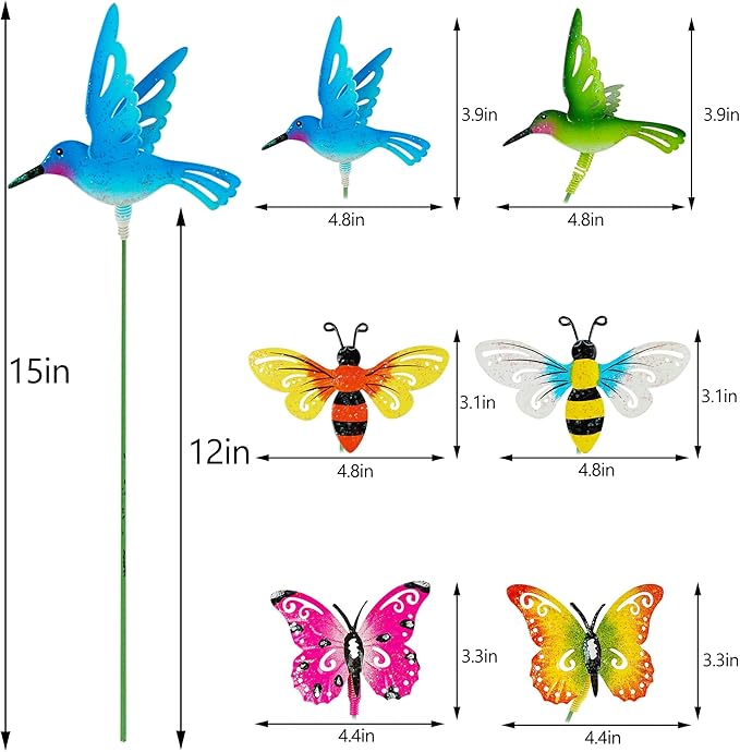 Juegoal 6 Pack Metal Yard Stakes Spring Decor, 15 Inch Outdoor Metal Colorful Butterfly Hummingbird & Bee Shaking Head Yard Art, Rust Proof Plant Sticks for Yard Lawn Pathway Patio Ornaments