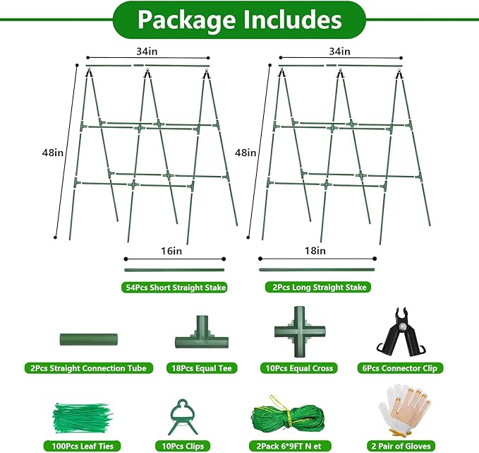 2 Pack Cucumber Trellis, 34"×48" Garden Trellis for Climbing Plants Outdoor, A-Frame Vegetable Trellis for Raised Bed, Support for Tomatoes, Squash, Zucchini, Vegetables & Flowers