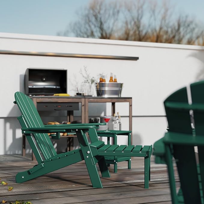 GREENVINES Adjustable Adirondack Chair with Retractable Ottoman | Folding | HDPE Plastic | Fire Pit Chairs w/Foot Rest | 2 Cup Holders | Forest | for Outdoor Patio Poolside Deck