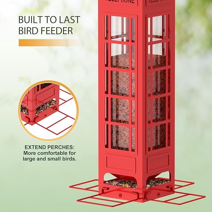 Squirrel Proof Bird Feeder,Weight Activated Outside Hanging Metal Mesh Wild Bird Feeder, 3LB Large Capacity Red Birdfeeders for Cardinals, Finches, Blue Jays, Chickadees
