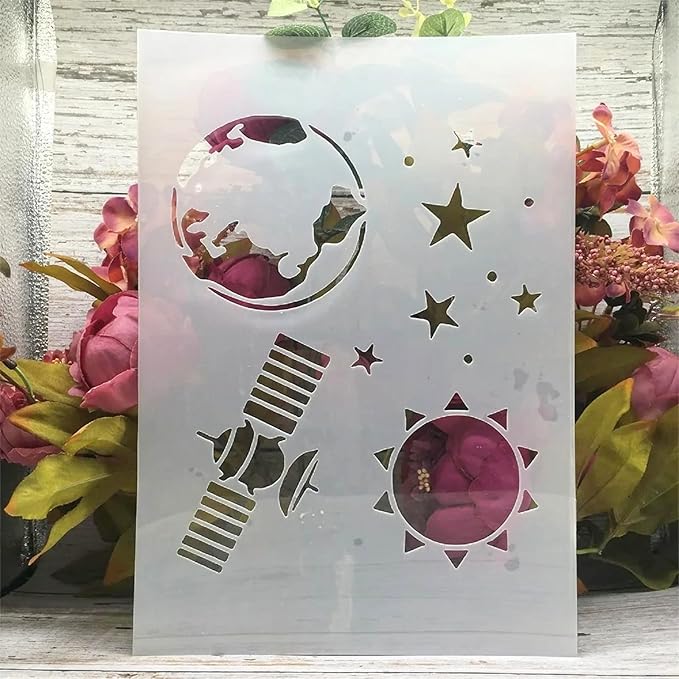 TIAMECH A4 Reusable Satellite Aerospace Stencil for Painting - Earth Planet Layering Template, DIY Wall Art, Wood Furniture, Scrapbook & Crafts (8.3x11.7inch)