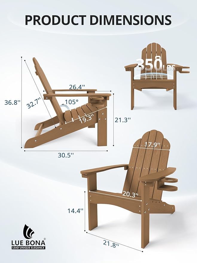 LUE BONA HDPE Adirondack Chair,Plastic Adirondack Chairs with Cup Holder Weather Resistant for Outdoor, Patio, Lawn, Garden, Backyard Deck, Fire Pit, Brown