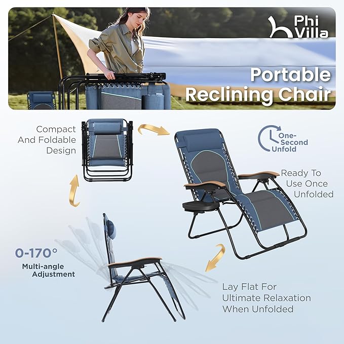 PHI VILLA XXL Oversized Padded Zero Gravity Chair Set of 2, Foldable Patio Recliner, 30" Wide Seat Anti Gravity Lounger with Armrest and Cup Holder, Support 400 LBS (Blue Accents)