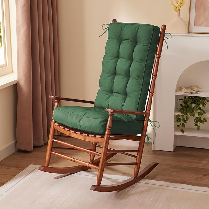 Rocking Chair Cushion, Waterproof and Fade-Resistant Patio Chair Cushions, Tufted Chair Pads for Rocker Furniture, 18x18 Inch, Indoor/Outdoor Seat Cushions with Ties, Dark Green