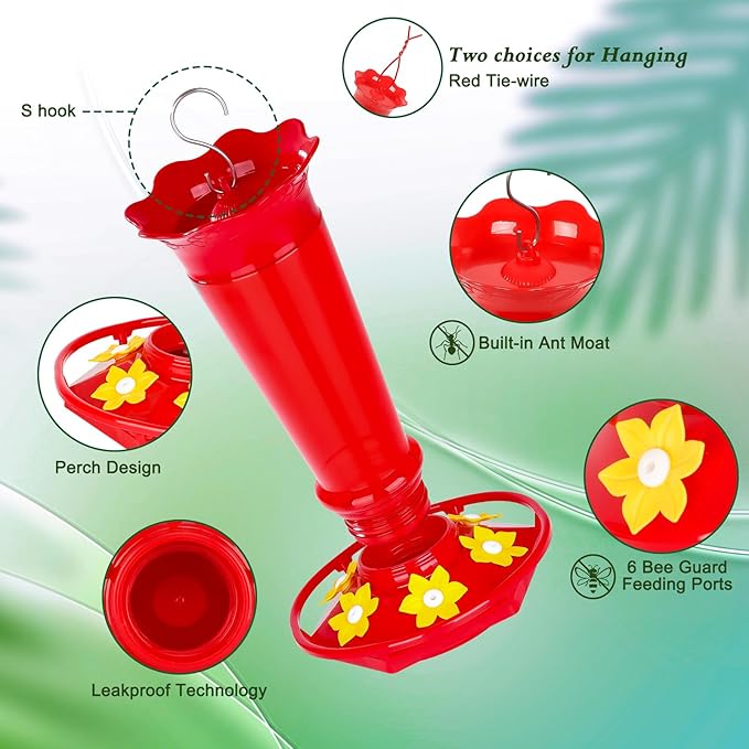 FEED GARDEN 10oz Plastic Hummingbird Feeders for Outdoors - 1 Pack Red, Ant & Bee Proof, 6 Feeding Ports, Easy Clean Red Nectar Feeders for Outside Hanging, Gifts for Christmas, Mom