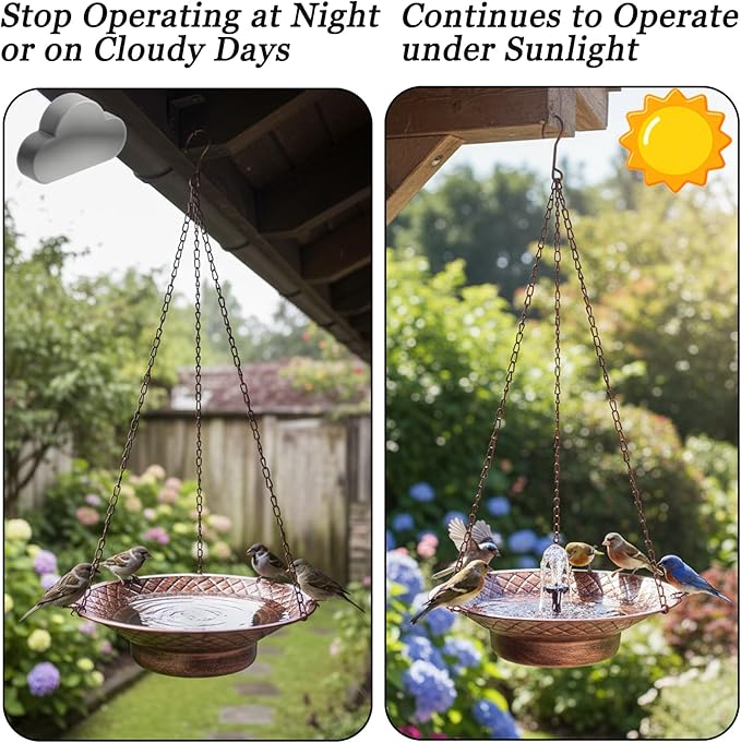 12.6" Hanging Solar Bird Bath, Birdbath Fountain Solar Power, Metal Bird Bath for Outside Hanging, Hanging Bird Fountain for Garden, Patio, Lawn Decor, Bronze
