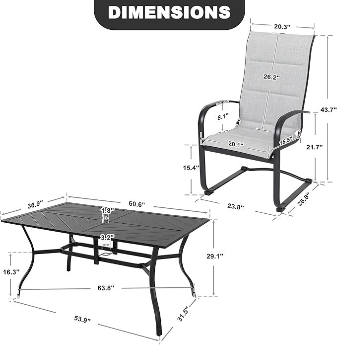 NUU GARDEN 7 Piece Outdoor Patio Dining Set, 6 Textilene Dining Chairs and 61" Rectangular Patio Dining Table with 1.77" Umbrella Hole, for Backyard, Patio, Garden, Gray and Black