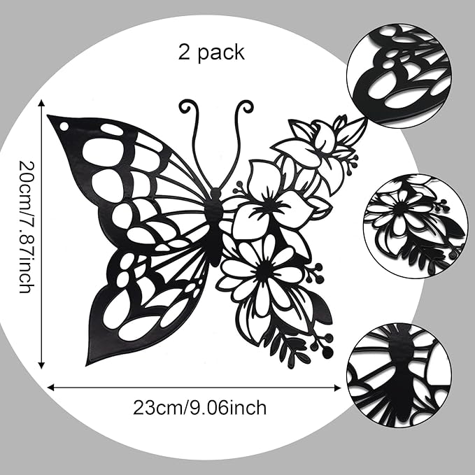 EZ4ENCE 2pcs Butterfly Decoration Boho Wall Art Hanging Appearance Metal Hanging Butterfly Decor Flower Wall Art for Bedroom Living Room Home, Black (Medium)