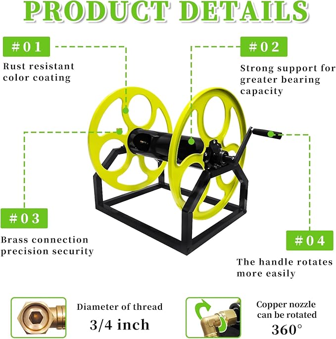 Garden Hose Reel Heavy Duty ，for 5/8" Hose Reel with Crank Handle Retractable, Wall/Floor Mount Metal Hose Reel, Holds up to 300-Feet.（Hose not included）