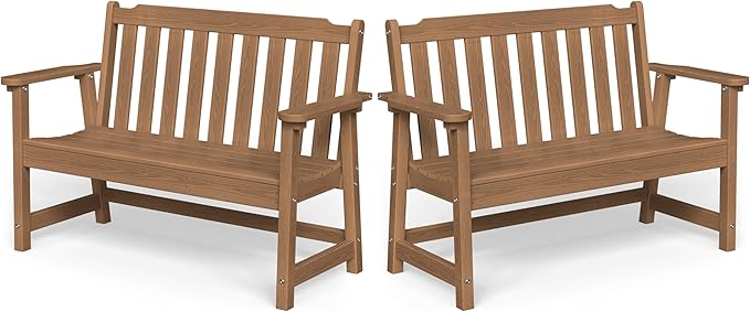 Ciokea 49" Heavy Duty Outdoor Bench Set of 2, HDPE Weatherproof Garden Bench, 2-Person Memorial Benches with 660 Lbs, Waterproof Patio Porch Benches for Outside Business Deck Office Backyard, Teak