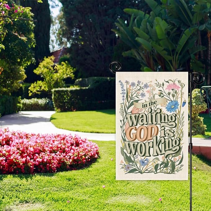 In the Waiting God is Working Floral Garden Flag, Double Sided Yard Outdoor Farmhouse Lawn Porch Decor, Christian Yard Flag, Religious Outdoor Home Decor, Inspirational Bible Saying Flag