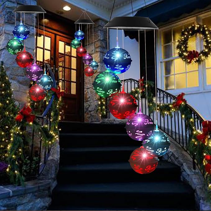 Solar Wind Chimes for Outside, Birthday Grardening Gifts for Mom Grandma Women, Color Changing Ball Christmas Decorations Wind Chimes Outdoor Solar Hanging Lights for Garden Yard Patio Party