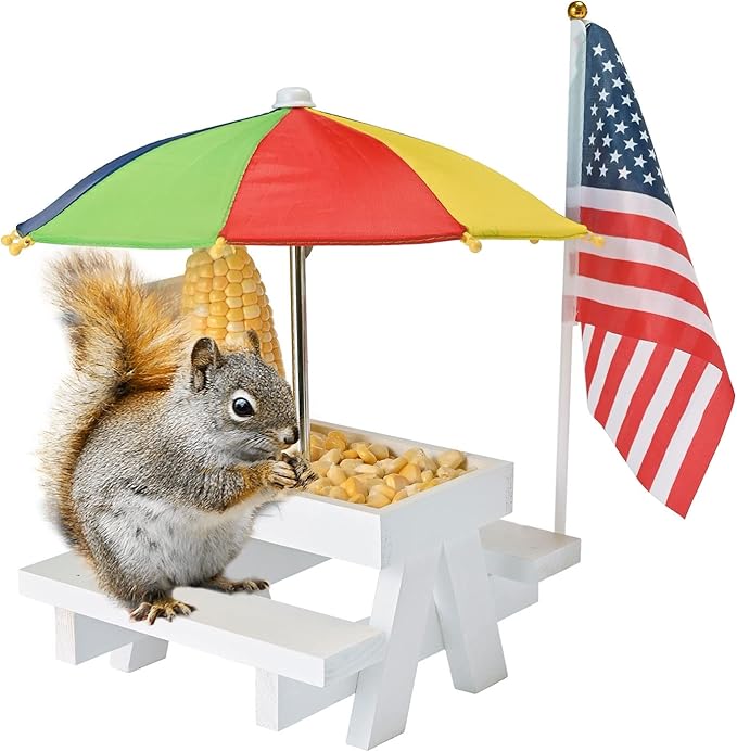 Squirrel Feeder Picnic Table with Colorful Umbrella, Wooden Squirrel Table Feeder Outside Funny with Corn Cob Holder for Yard and Porch Decoration, Easy to Fill Peanuts in Shell and Nuts