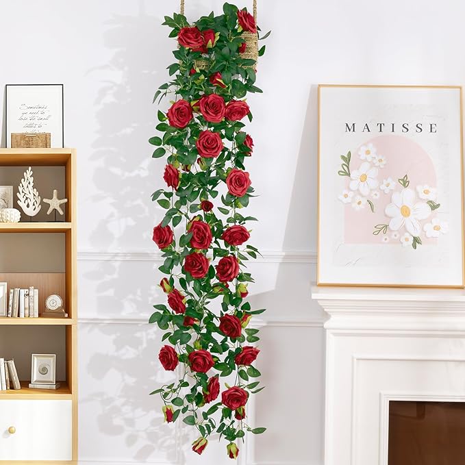 U'Artlines 3 Pack Artificial Red Rose Vines Floral Garlands Total 19.5 Ft Fake Vine Silk Flower Garland for Indoor Outdoor Home Wedding Arch Garden Wall Decoration