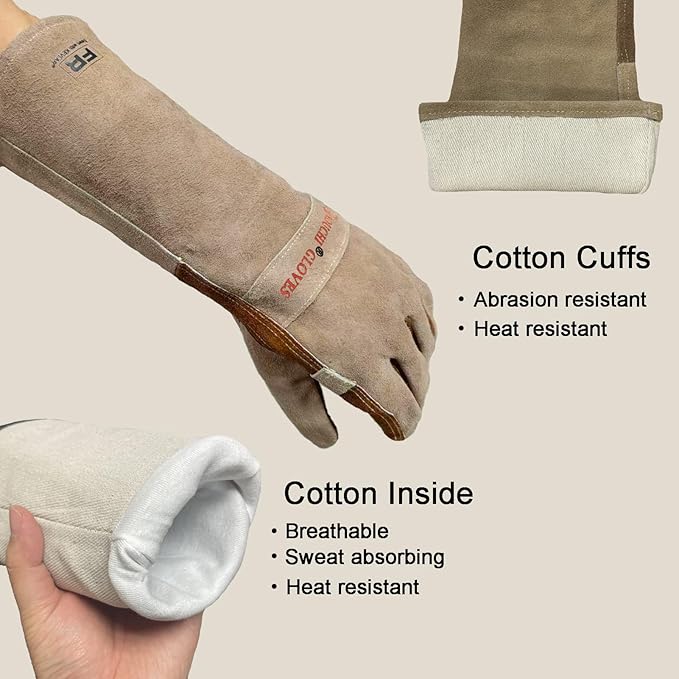 Leather Welding Gloves for Men, Long Sleeve Fireproof and Heat Resistant Mitts for Firefighting, Fireplace, Oven, Baking, BBQ, Stove, Pot Holder, Yark Work Thorn Proof (Coffee Large)
