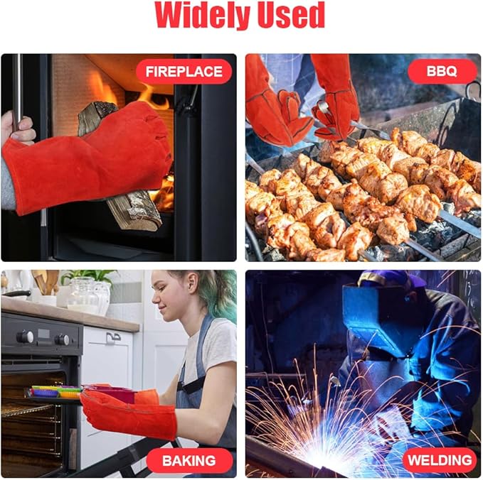 AUAUY Heat & Fire Resistant Gloves Leather BBQ Gloves Wear Resistant Heavy-Duty Welding Gloves for Grinding,Baking,Gardening