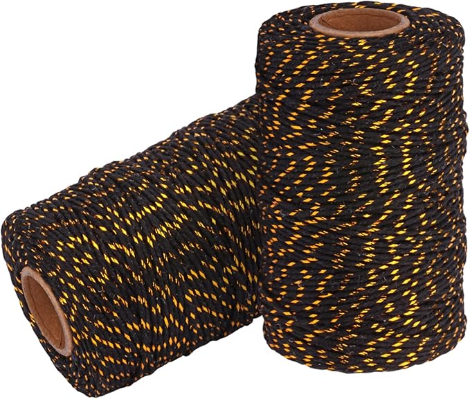 Cotton Twine String Bakers Rope: 2 Roll Twines for Crafts Gift Wrapping - 656 Feet Gold Wire Black Twine for Kitchen Cooking