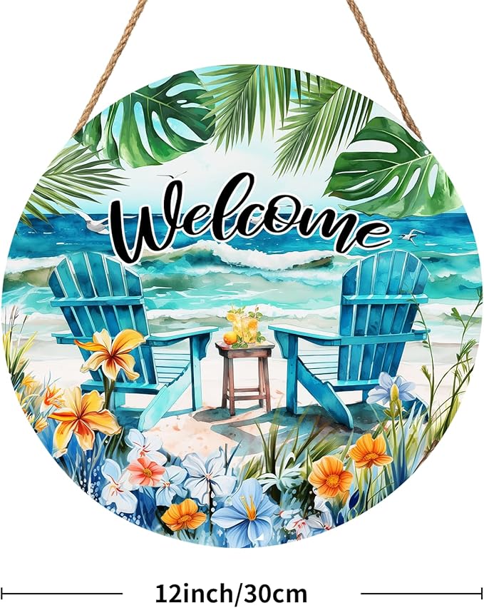 Welcome Sea Chair Front Door Sign 12 X 12 Inches Summer Door Hanger Wall Pediment Round Wooden Beach Wreaths for Front Door, Farmhouse Summer Welcome Wall Hanging