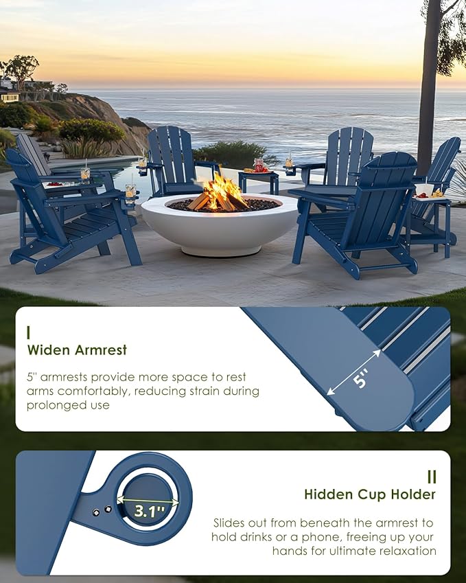 GREENVINES Folding-Adirondack-Chairs-Set-of-6 | HDPE Plastic | Fire Pit Chair | All Weather | Cup Holder | Blue | for Deck Backyard Patio Outdoor Garden
