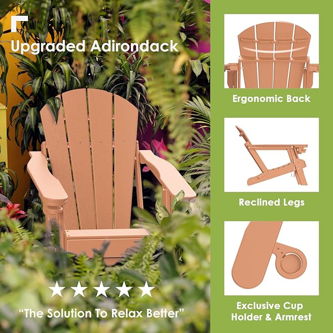 GREENVINES Adirondack-Chairs-with-Ottoman | Folding | Retractable-Footrest | HDPE Plastic | All Weather Fire Pit Chair | Cup Holders | Teak | for Outdoor Poolside