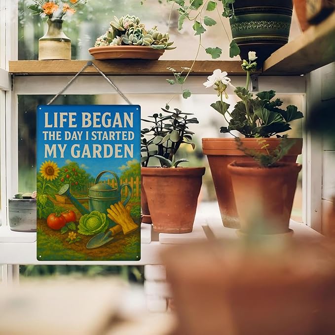 Funny Garden Signs Decorative Outdoor, “Life Began the Day I Started My Garden”Signs for Outside – Vintage Metal Yard Decor for Fence, Greenhouse – Cool Gardner Gifts for Gardening Lovers -8x12 Inch