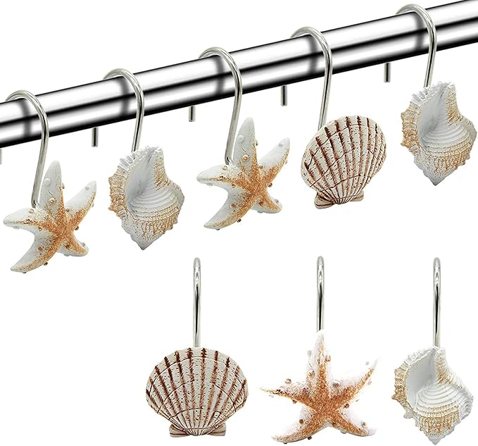 Seashell Shower Curtain Hooks,12PCS Anti Rust Decorative Resin Hooks for Bathroom, Baby Room, Bedroom, Living Room Decor (Light Brown Seashell)