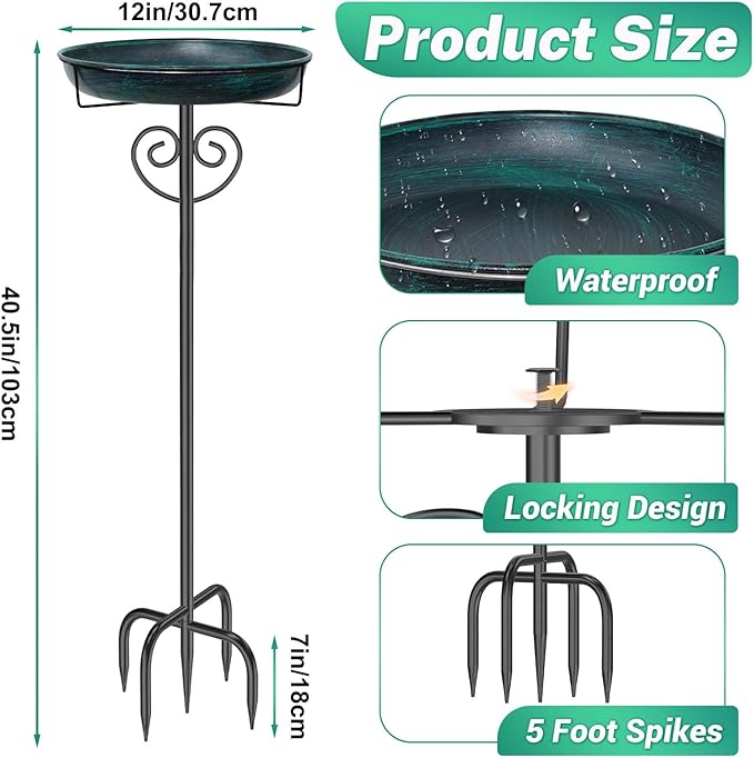 Metal Bird Bath for Outdoor, Garden Freestanding Birdbaths & Birdfeeders with Removable Bird Baths Feeder Bowl Heavy Duty 5 Prong Base for Outside Garden Patio Yard Lawn Decor (Vintage Green)