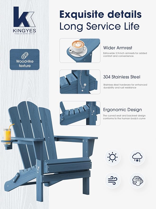 KINGYES Folding Adirondack Chair, HDPE All-Weather Patio Chairs with Cup Holder, Wooden Textured Fire Pit Chairs for Poolside, Backyard, Deck, Navy