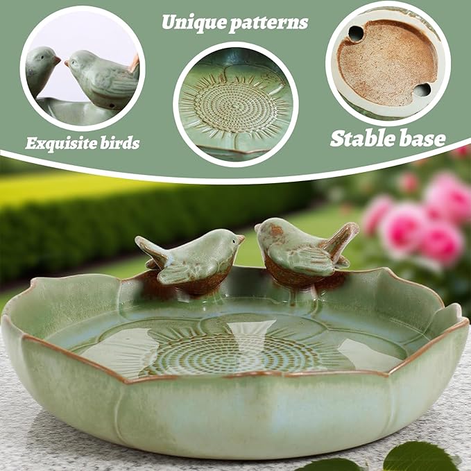 Green Ceramic Bird Bath Bowl - 9.45-Inch Ceramic Bird Baths for Outdoors, Durable Ground Bird Bath Bowl Ideal for Garden, Tabletop, Deck, Balcony & Lawn Use